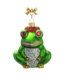 Cheery and chic! Betsey Johnson's festive, glass frog ornament will help you get into the holiday spirit. With a bow detail, glitter embellishment and colorful crystal accents. Comes with a gift box. Approximate length: 4 inches.