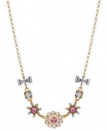 Fashion-forward with the florals. Betsey John's frontal necklace, crafted from gold-tone mixed metal, dazzles with colorful glass crystals and silver-tone bows for a whimsical touch. Approximate length: 16 inches + 3-inch extender. Approximate drop: 5/8 inch.