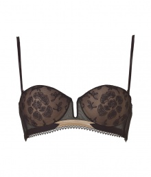 Luxurious bra made ​.​.of fine, black synthetic fiber stretch - Particularly comfortable with a hint of spandex - Elegant bra with padded cups - Fashionable Balconette shape with center cut out - Feminine lace look, decorative hem - Ideal for low V-necks -  Sexy and seductive with matching panties