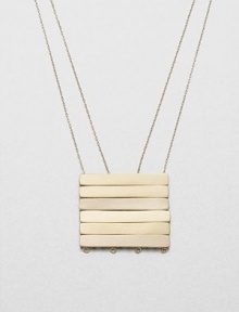 A geometric design featuring a square consisting of stacked bars on link chains. Brass barsGold-filled chainLength, about 19Pendant size, about 1.5S-hook closureMade in USA