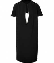 The Little Black Dress gets a sleek, modern remix in Cedric Charliers monochrome peek-a-boo shift - Rounded open neckline, white underlay, short sleeves, straight, slim silhouette - Pair with chunky jewelry and flawless ballerinas