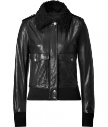 Super stylish black aviator bomber jacket from McQ Alexander McQueen - This feminine take on the classic leather bomber is sexy and on-trend - Modern slim and cropped fit with shearling collar and flap pockets - Wear with a mini-dress, opaque tights, and over-the-knee boots - Style with skinny jeans, a crop-top, and platforms