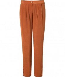 Inject a note of rich color into your favorite daytime staples with Antik Batiks rust silk pants, tailored to perfection for all-season sophistication - Button closure, side slit pockets, pleated front, buttoned ankles - Pair with breezy tops and blazers