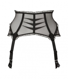 Turn up the heat while cutting an ultra feminine figure in Chantal Thomass vintage-inspired sheer black garter belt - Figure-enhancing high waist with boning, gathered scalloped waistband, scalloped lace trim, adjustable straps, back hook and eye closures, vintage styling - Pair with a matching bra and panties for seductive lounging or wear under a retro-inspired frock