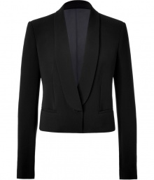 Get the of-the-moment look with this chic cropped blazer from Joseph - Narrow lapels, zipper and single button front closure, cropped silhouette, front slit pockets - Style with a tie-neck blouse, cropped skinny trousers, and platform heels