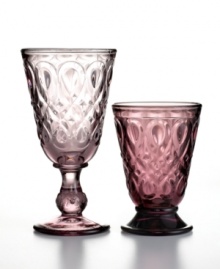 Made of amethyst-colored glass, this set of 6 purple goblets (shown right) from French Home drinkware is the ultimate in chic barware. Textured with classic Lyonnais pattern, they will bring European sophistication right to your table.