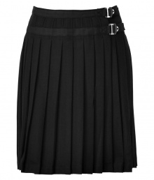 School-girl cool gets a chic modern update in Burberry Brits jet black pleated wool blend skirt - Wrapped kilt style, side buckle closures, slightly flared - Pair with blazers and pumps for work, or play-up collegiate style with a button-down and brogues