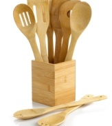 The meal is on with this fully-stocked collection of masterful tools. Made from attractive, durable and eco-friendly bamboo, each tool commands the kitchen like a seasoned pro and stores conveniently in the space-saving crock. Easy-to-maintain bamboo has natural anti-bacterial properties for a spic & span space.