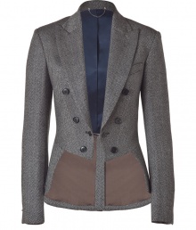 Equestrian chic proved one of the seasons most wearable trends, and this houndstooth riding jacket from Paul Smith undoubtedly ups the ante on manor-worthy elegance - Slim, fitted cut tapers through waist - Small collar, wide lapels and two rows of buttons - Extended, pleated back panel creates a gentle peplum effect - Lush, multicolor graphic print lining - Seamlessly transitions from work to evening cocktails, parties and dinners - Pair with leather pants or pencil skirts, skinny dark denim or suit trousers