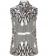 Artsy and elegant, this sleeveless blouse is a must-have for any modern womans closet - Created from fine, taupe and black geometric-printed silk - Narrow and tapered with shirt collar and placket - Effortlessly adds style to simple pencil skirts and classic trousers - Pair with peep toe heels and colorful accessories