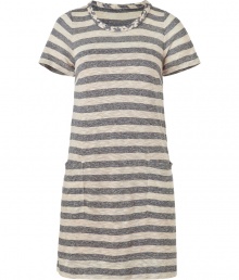 Loose and laid-back, Marc by Marc Jacobss blue and cream t-shirt dress lets you show your stripes in sporty style - Crafted in a soft, lighter weight viscose and linen blend - Relaxed A-line silhouette - Short sleeves and classic crew neck - Two large pockets at hips - Casually chic, ideal for weekends and off-duty time - Pair with ballet flats, sandals or trainers