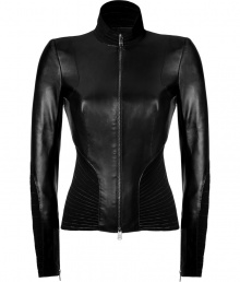 Detailed with stretch paneling for an exquisitely seductive tailored fit, Jitrois black leather jacket is a luxurious choice perfect for adding that characteristic chic edge to your outfit - Stand-up collar, long sleeves, zippered cuffs, front zip closure - Extra form-fitting - Wear over a tailored cocktail sheath with pin heels and sparkly fine jewelry