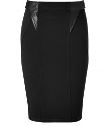 Luxurious skirt made ​.​.from a fine, black synthetic stretch blend - A classic with the famous slenderizing pencil cut - Stylish leather inserts on both sides - The skirt is cut slim and figure-hugging, the hem ends at the knee -  An ultra exclusive no-nonsense basic is so versatile to combine - Perfect for the office with a blazer and blouse or for evening with a silk top and biker jacket