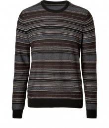 Work modern striping into your basic knitwear collection with Vinces tonal black-multi variegated knit pullover, finished with solid trim for that chic city edge - Rounded neckline, ribbed trim - Straight silhouette, contemporary slim fit - Pair with favorite jeans and boots on the weekend, or dress up with tailored trousers and lace-ups for work