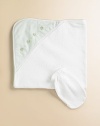 Soft cotton towel with gingham print hood and embroidery. Comes with mitt One size Imported