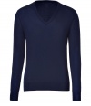 Luxe pullover in fine, pure navy blue cashmere - Incredibly soft, lightweight material feels great and looks just as good - Slim, fitted cut with deep v-neck and long sleeves - Classically elegant, versatile and polished - A great interseason piece ideal for layering - Pair with everything from a t-shirt and jeans to chinos and a button down to suit trousers and a blazer