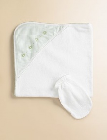 Soft cotton towel with gingham print hood and embroidery. Comes with mitt One size Imported