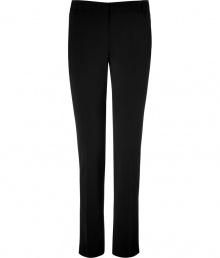 Stylish pants in fine, black wool blend - Truly comfortable, thanks to a touch of stretch - Slim cut flares gently at hem, crease detail accentuates a long, lean silhouette - Tab closure, with zip fly and belt loops - Medium rise, with two single welt button pockets - Tiny V slit detail at back waistband - Versatile and polished, an indispensable basic -  Style with light cashmere pullovers, silk blouses and draped tops