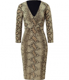 With figure-enhancing draped panels, this python-print dress from Roberto Cavalli will amp up your cocktail-ready look - V-neck, long sleeves, front and back draped panels, all-over python print, fitted silhouette - Pair with a slim trench, an embellished clutch, and platform pumps