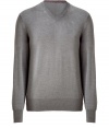 Polished, streamlined staples anchor any wardrobe, and Hugos medium grey pullover is a great go-to this season - Crafted from a lighter-weight, pure virgin wool - Classically slim, straight cut - Long, fitted sleeves and v-neck - Banded trim at cuffs, hem and collar - Versatile and elegant, the perfect compliment to chinos, jeans or dress trousers