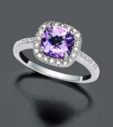 Posh in purple. Feel like royalty in this sterling silver Victoria Townsend ring featuring brilliant cushion-cut purple amethyst (1-1/4 ct. t.w.) and round-cut diamond (1/10 ct. t.w.). Size 7.