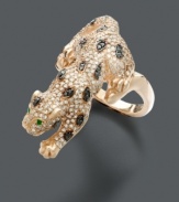 A sultry panther will creep stealthily across your digits. This wildly innovative ring from Signature by Effy Collection features round-cut black and white diamond (1-1/2 ct. t.w.) with emerald accents. Set in 14k rose gold. Size 7.