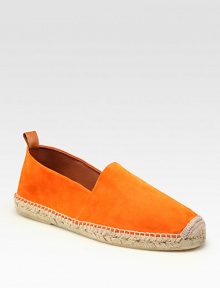 Brilliant suede slip on espadrille with ankle pull tab, destined to be an instant summer favorite.Suede upperLeather liningRubber soleImported