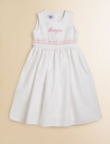 A classic look for adorable girls everywhere, shaped from soft cotton piqué with a grosgrain ribbon waist and pretty pink trim. Back button closure Gathered empire waist Cotton Machine wash Made in USA FOR PERSONALIZATION Select a quantity, then scroll down and click on PERSONALIZE & ADD TO BAG to choose and preview your personalization options. Please allow 2 weeks for delivery.