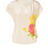 Channel on-trend ladylike style with this chic silk top from Juicy Couture - Round neck, short sleeves, front rose print, rounded hem, relaxed silhouette - Wear with skinny jeans, a loose knit cardigan, and platform heels