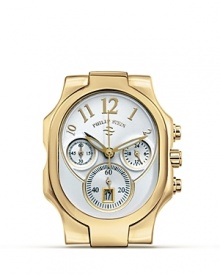 Philip Stein® oblong chronograph watch head in goldplate features Arabic numbers and 3-eye design.