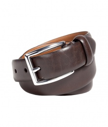 Add a polished finishing touch to your ensemble with Ralph Laurens elegantly understated brown leather belt - Medium-width style, in a smooth, supple genuine cowhide - Rectangular silver buckle and fastening - Classically cool, perfect for pairing with everything from pullover and jeans or cords to button downs, blazers and suit trousers