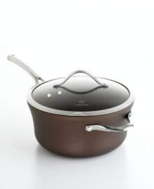 Just right. The perfect kitchen companion, this elegant bronze piece features multiple layers of nonstick technology, a hard-anodized construction and stay-cool handles for an unrivaled combination of professional performance and everyday ease. Your go-to for simmering sauces, heating soups and preparing truly delectable dishes. Lifetime warranty.