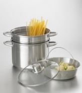 This 4-piece multi steamer/cooker set is one of the most versatile cookware pieces you can keep in your kitchen. Use it for stock, stews, pasta, steamed vegetables and more. Made of durable, attractive 18/10 brushed stainless steel with an encapsulated aluminum base for even heating and sure-grip round riveted stainless steel handles. Set includes 8-quart stock pot, pasta basket, steamer basket and tempered glass lid with steam vent. Dishwasher safe. One-year limited warranty.