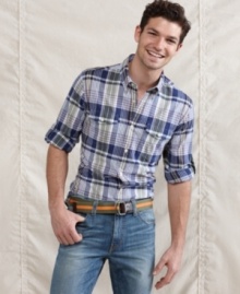 Why change your polished preppy pattern? No need to switch with this vibrant plaid shirt from Tommy Hilfiger.