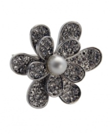 Petal pusher: A pretty simulated pearl is surrounded by a beautiful bloom in this chic cocktail ring from GUESS. Adorned with sparkling pave crystals, it's crafted in silver tone mixed metal. Sizes 6 and 7.