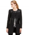 Nine West's sharp topper can be worn like a blazer indoors or as a light overcoat in transitional weather. Faux leather panels give it appealing edge.