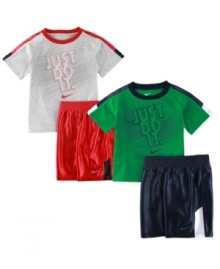 Equip him for cool with this athletic set sporting the phrase that started it all from Nike.