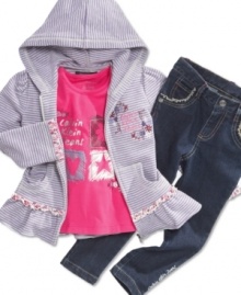 Cute and casual. Accent her adorable style with the sweet style of this Calvin Klein hoodie, tee and jeans set.