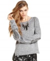 Material Girl's marled-knit sweater makes us weak in the knees! We love the sequin elbow-patches and trend-right high-low design.