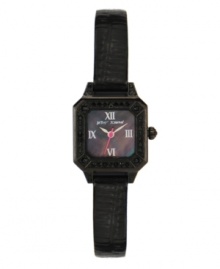 A little antique, a little edgy. Watch by Betsey Johnson crafted of black croc-embossed leather strap and square black-finished stainless steel case. Antiqued case and bezel embellished with black crystals. Black mother-of-pearl dial features silver tone Roman numerals at twelve, three, six and nine o'clock, silver tone hour and minute hands, fuchsia second hand and logo. Quartz movement. Water resistant to 30 meters. Two-year limited warranty.