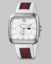 From the Gucci Coupé Collection. A sporty style featuring a white dial with a sub-dial and web accented white leather strap. Swiss quartz movementWater resistant to 5 ATMSquare stainless steel case, 40mm (1.5) X 40mm (1.5)Smooth bezelWhite dialBar and numeric hour markersDate display at 12 o'clockSecond sub-dial Web accented white leather strapMade in Switzerland 