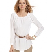 In a light, gauzy fabric, this MICHAEL Michael Kors tops is perfect for an airy spring look! The detachable wrap-around rope belt adds a rustic-gone-refined element!