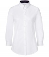 Turn up your cuffs and showcase Burberrys iconic check in this crisp white button-down from Burberry London - Classic collar with checked lining, 3/4 sleeves, buttoned turn-up checked cuffs, button-down front, shirttail hemline - Form-fitting - Wear with everything from jeans and flats to pencil skirts and heels