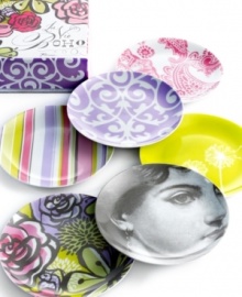 Rosanna puts a modern twist on tradition in artfully eclectic La Vie Boho dessert plates. A pretty face and patterns from every era adorn porcelain that's both sleek and sturdy. A beautiful box makes the set a great gift, too!