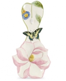 A pink magnolia blossoms into this Botanic Hummingbird spoon rest, complete with a colorful butterfly. From Portmeirion's collection of serveware and serving dishes.