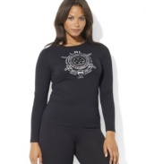 Ushering in the wintry weather, Lauren Ralph Lauren's beaded snowflake and Lauren Ralph Lauren crest with skis glamorously embellish a long-sleeved plus size shirt crafted from cozy cotton jersey.