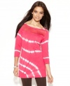 INC adds an alluring touch to a tie dyed tunic: the front yoke is sheer for just a hint of skin!