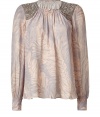 Stylish blouse in blush-colored pure silk - Trendy all-over print with a feather pattern - Falls soft, airy and silky, looks flattering and glam - A dream of a blouse with embroidered shoulders, long, puffy sleeves, smocked round neckline - Wear on elegant, festive occasions