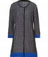 With a chic mix of pattern and colorblock, Steffen Schrauts jacquard woven coat is a contemporary way to dress up workweek looks - Collarless, long sleeves, royal blue cuffs and trim, side slit pockets, hidden front closures - Loosely tailored fit - Wear over a sheath dress with pin heels and a leather tote