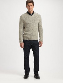 Handsome v-neck pullover effortlessly shaped in a slub-knit, merino wool, with elbow patch details for a dapper finish.V-neckRibbed knit collar, cuffs and hemElbow patchesMerino woolHand washImported